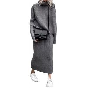 Chou Yatou Gray Ribbed Turtleneck Sweater Midi Pencil Skirt Set